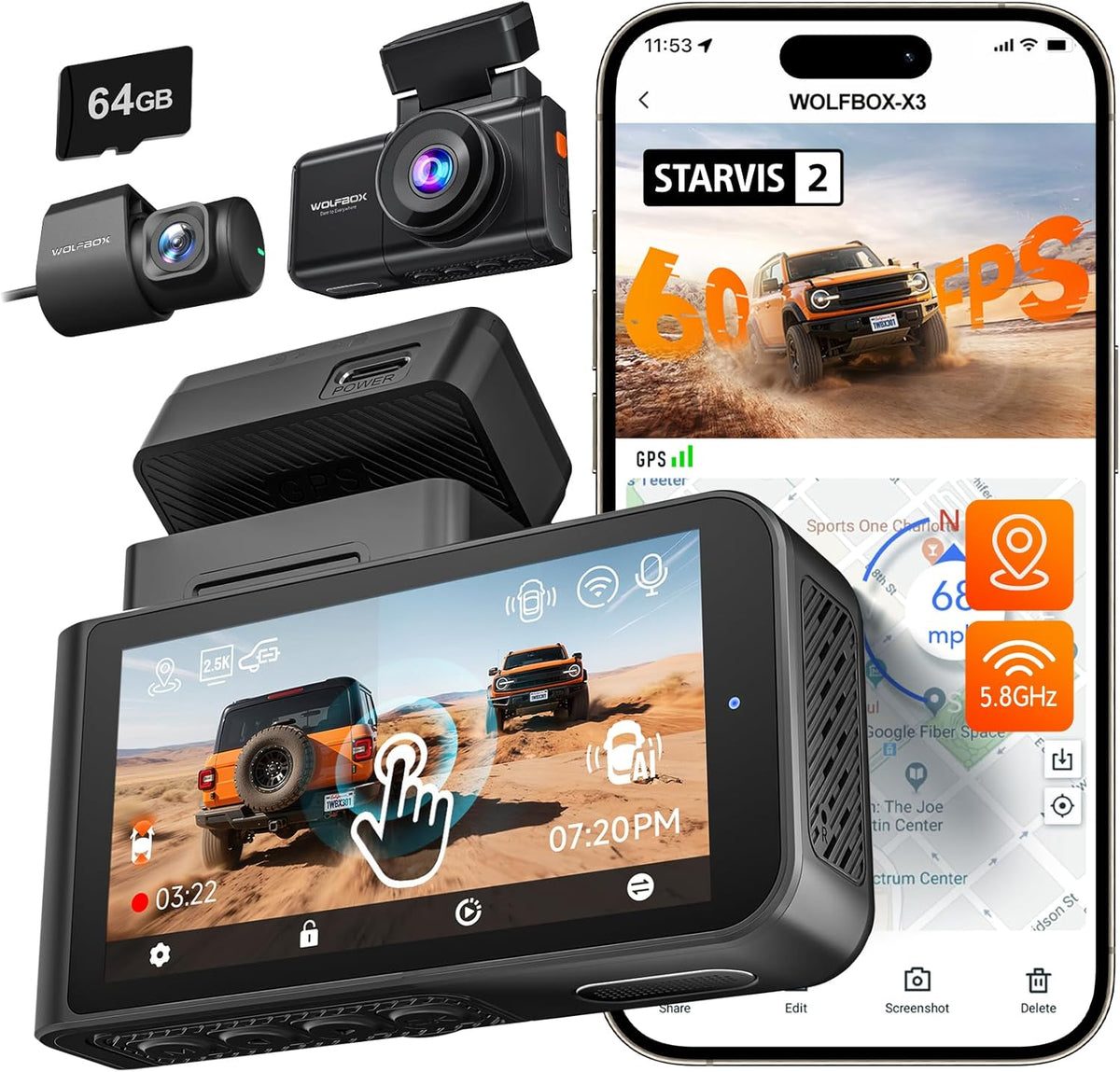 Dashcam WOLFBOX X3 — double caméra 2,5K + 1080p