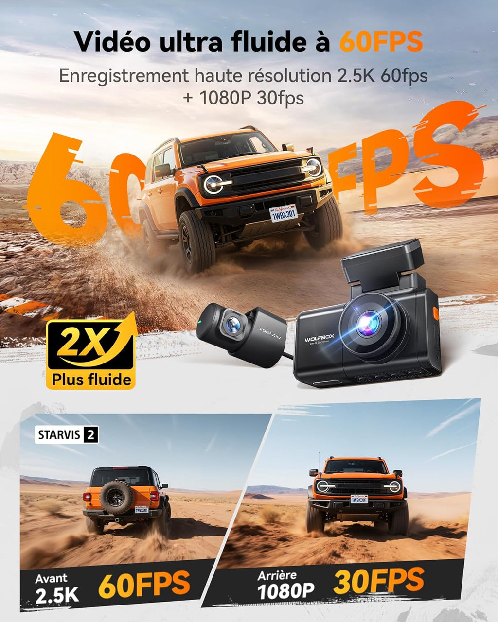 Dashcam WOLFBOX X3 — double caméra 2,5K + 1080p