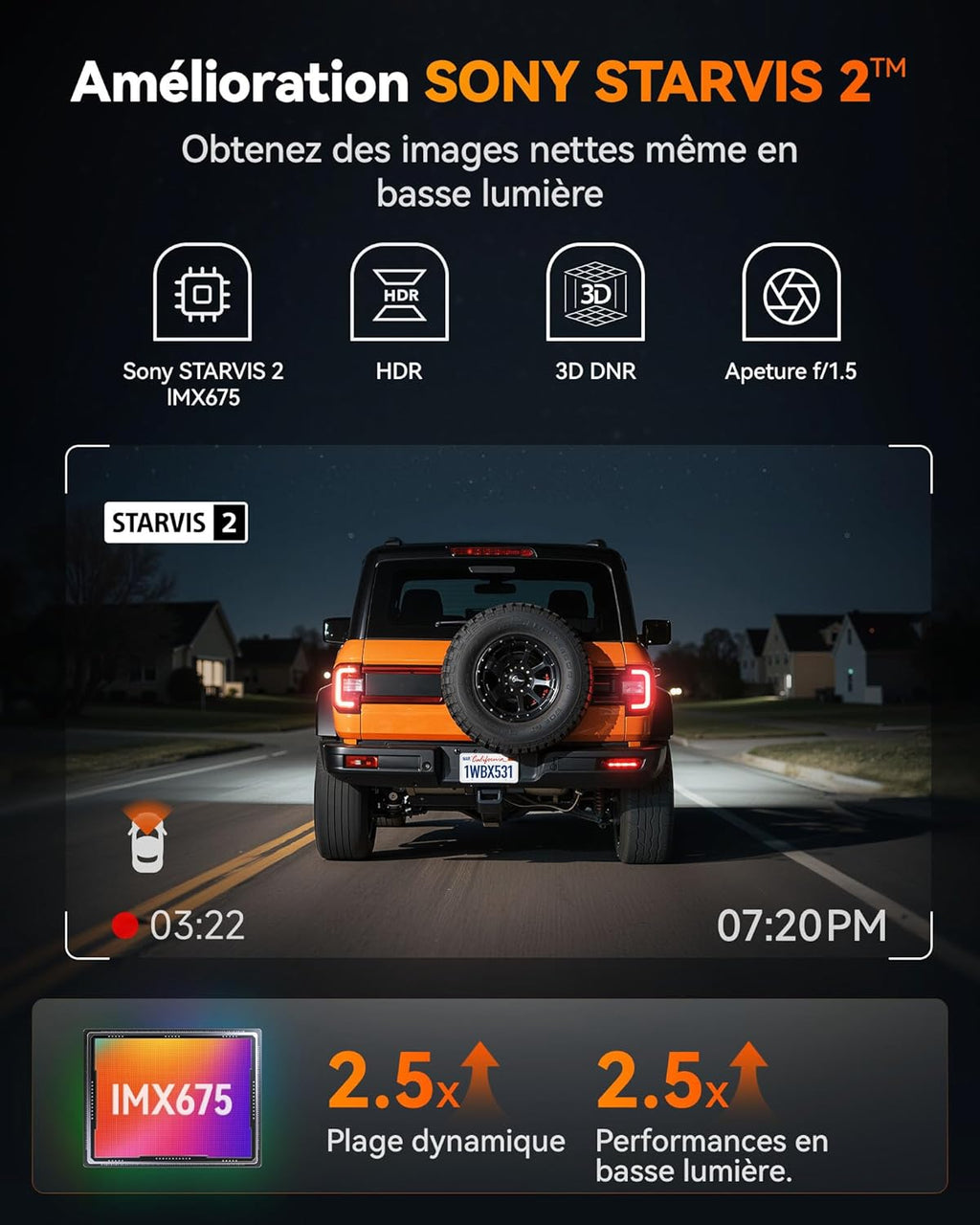 Dashcam WOLFBOX X3 — double caméra 2,5K + 1080p