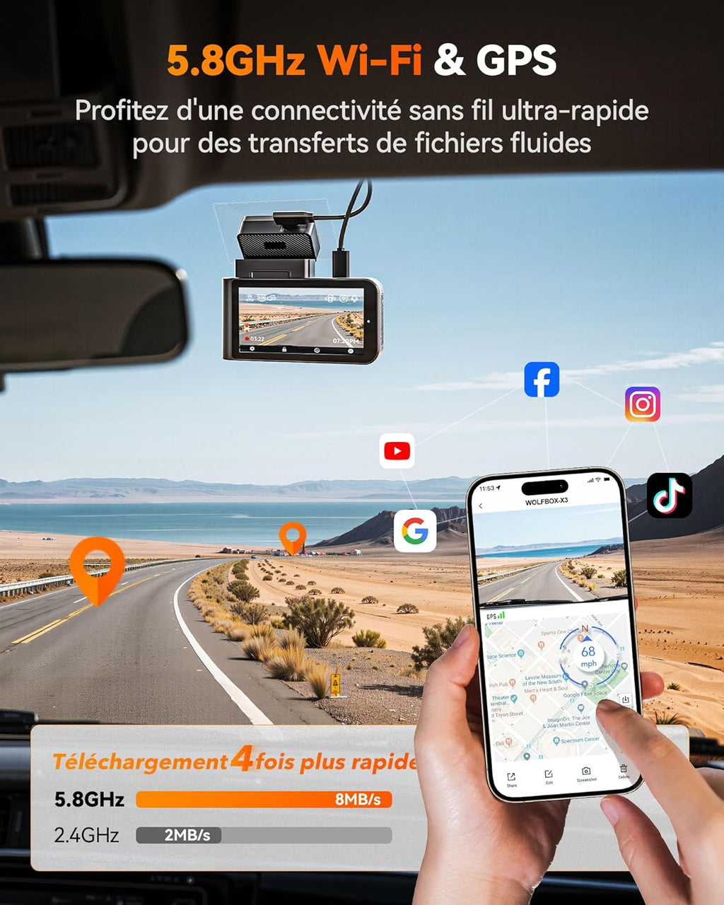 Dashcam WOLFBOX X3 — double caméra 2,5K + 1080p