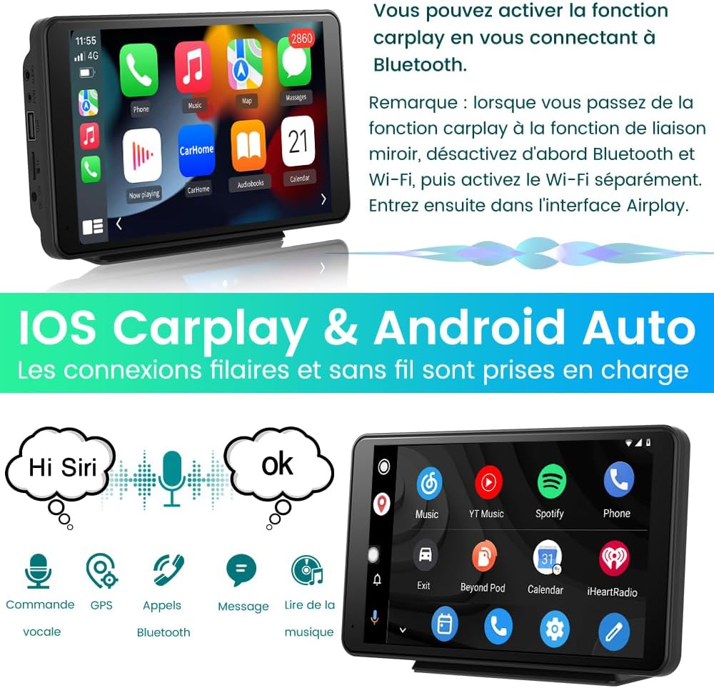 Écran voiture 7″ CarPlay et Android Auto